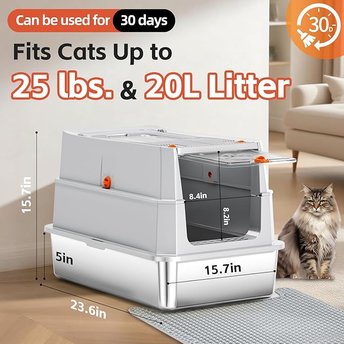 Stainless Steel Litter Box with lid,165° Flip-Top Large Enclosed Cat Litter Box with Metal Litter Scoop & Cat Litter Mat.Non-Sticky, Non-Odor, Easy Cleaning-Light Gray