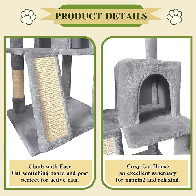 57" Cat Tree Tower for Indoor Cats, Multi-Level Cat Tower Condo with Sisal Scratching Post (Light Gray)