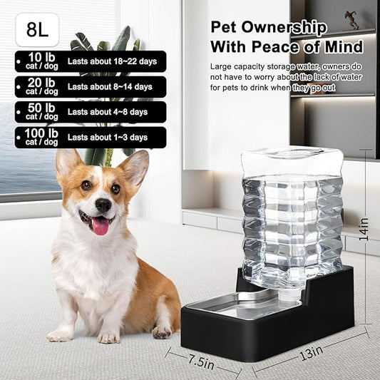 RIZZARI Stainless Steel Pet Water Feeder: 8L Automatic Leak-Proof Gravity Dispenser for Cats Dogs Indoor Outdoor Use(Black Without Filter,8L)
