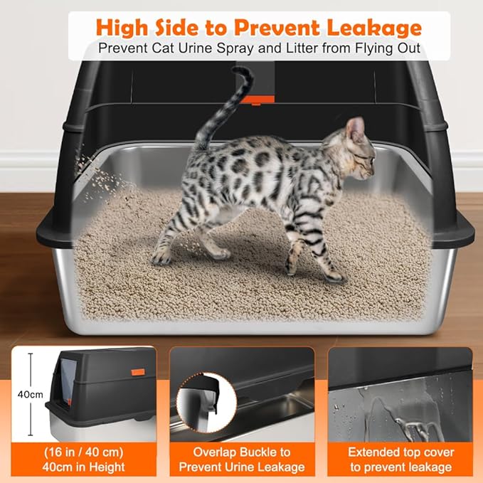 SZEE Stainless Steel Litter Box, XL Top Exit Enclosed Metal Cat Litter Box with Lid & Enclosure, Activated Charcoal Odor Control, Footboard, Trapping Mat & Scoop Included (Black)