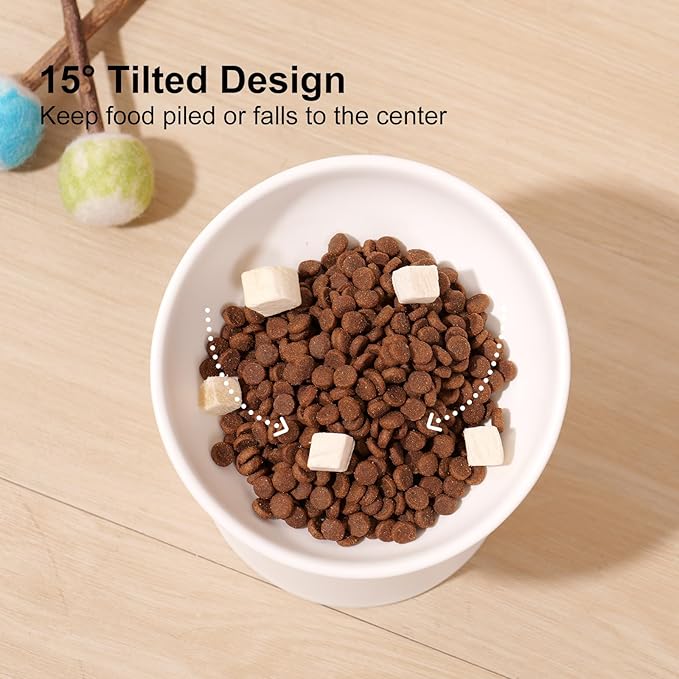 YauYik Small Raised Cat Bowls, Ceramic Tilted Elevated Food or Water Bowls, Stress Free, Backflow Prevention, Dishwasher & Microwave Safe, Lead & Cadmium Free, White