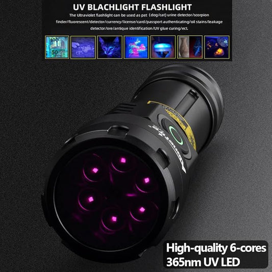 ALONEFIRE SV115 365nm UV Flashlight 30W Powerful Blacklight USB C Rechargeable Black Light for Pet Urine Detector, Scorpion, Resin, Bed Bug, Fishing with UV Protective Glasses, Rechargeable Battery