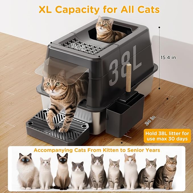 Stainless Steel Litter Box with Lid, XL Closed Metal Litter Box Modular Design with Flip Lid Fits All Cats, Extra Large Covered High Sided Cat Box, Scoop, Non-Sticky, Easy Cleaning, Black
