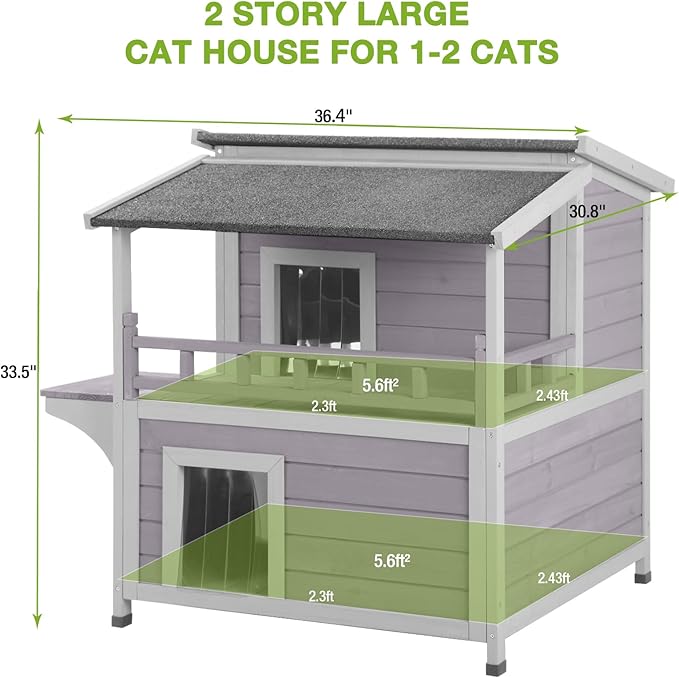 GUTINNEEN Cat House Outdoor Indoor, 2 Story Feral Cat Shelter with Escape Door, Wooden Stray Cat Home with Large Balcony, Weatherproof