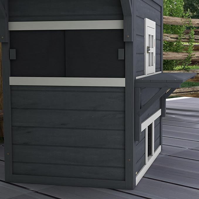 PawHut 3-Story Cat House Feral Cat Shelter, Outdoor Kitten Condo with Raised Floor, Asphalt Roof, Escape Doors, Jumping Platforms, Dark Gray