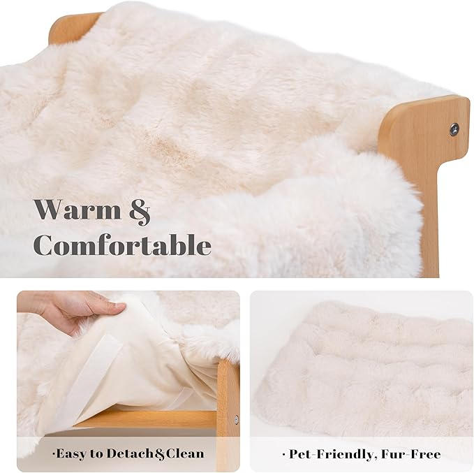 Elevated Cat Couch Bed for Indoor Cats, Wooden Cat Sofa with Removable Washable Fluffy Cover Raised Kitty Lounge Chair Suitable for Puppy(Cat Sofa Off-White)