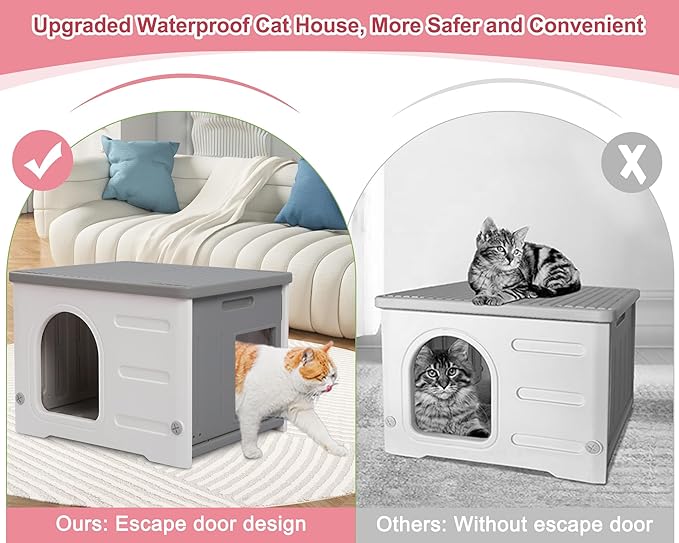 Plastic Cat House Outdoor & Indoor, Waterproof Feral Cat Houses with Escape Door, Sturdy Outdoor Cat House with Bed Mat, Outside Cat Shelter for Small Pet, Assemble and Clean Easily-Grey