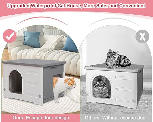 Plastic Cat House Outdoor & Indoor, Waterproof Feral Cat Houses with Escape Door, Sturdy Outdoor Cat House with Bed Mat, Outside Cat Shelter for Small Pet, Assemble and Clean Easily-Grey