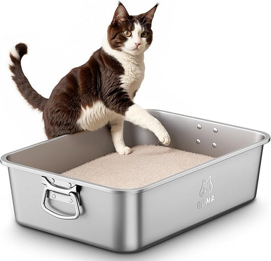 Stainless Steel Litter Box with Handle, Large Metal Cat Litter Box with High Sided for Big and Small Cats, Kitty Litter Boxes, Non-Stick, Easy to Clean, Odor-Free, Cat Toilet,Litterbox