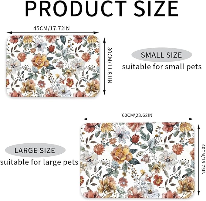 Flowers Pattern Dog Food Mat Absorbent Bowl Mats No Stains Quick Dry Waterproof Pet Cat Placemats for Food and Water, 30x45cm