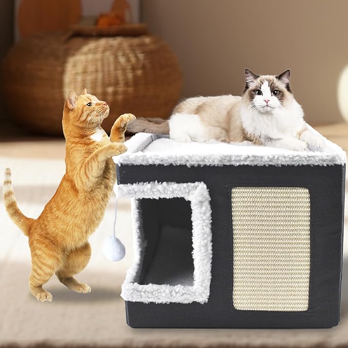 Cat Bed for Indoor Cats Cube House,Large Covered Cat Beds Cave & Furniture with Fluffy Ball and Scratch Pad Foldable Hideaway Nest & Condo with Washable Mat for Kitten Kitty Small Pet(Grey)