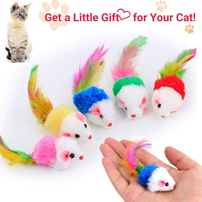 Cat Toys, 6 Pack Furry Rattle Mouse Toy Interactive Cat Toy with Feather Tail, 6 Assorted Faux Fur Kitten Toy 5.5โ Realistic Size Mini Mice Cat Toy for Bored Indoor Adult Cat