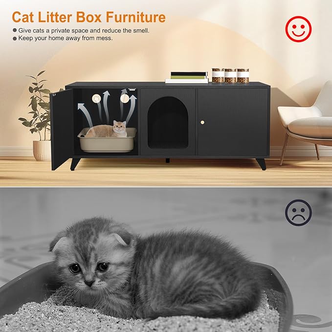 Cat Litter Box Enclosure for 2 Cats, Modern Hidden Litter Box Furniture with Double Room, Large Cat House Washroom Cabinet with Scratche Pad, 46.5" x 19.7" x 19.7" (Black)