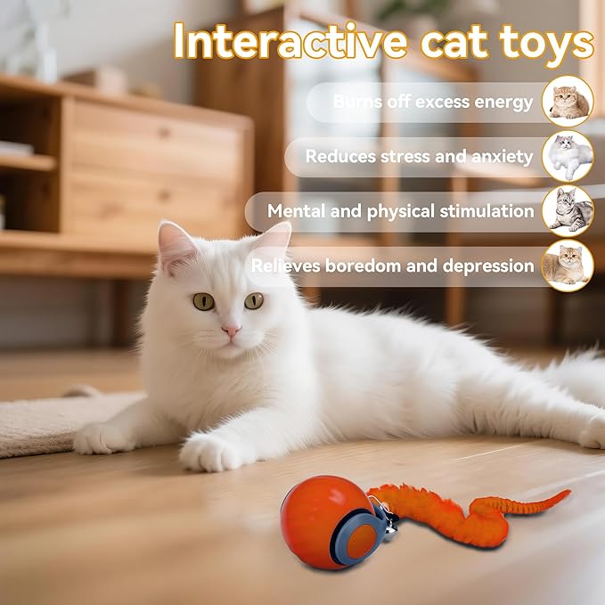 Vrurc Interactive Cat Toy Ball-Speedy with Feather & 3 Tails,Motion Activated Auto Roll,2 Speeds Rechargeable,Indoor Cat Stimulation, Enrichment,Keeps Busy,Durable (Orange)