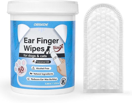 OBSEDE Extra Large 1.73" Dog Ear Wipes & Cat Ear Cleaner – Wider Finger Wipes for Quicker Easier Cleaning Soothes Itch Controls Odor Reduce Wax Regular Grooming Gentle Coconut Scent, 50 Count