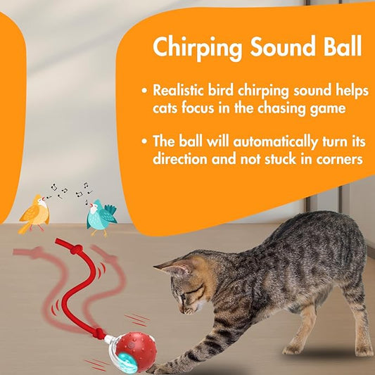 Interactive Cat Toys Ball for Indoor Cats, Automatic Fast Rolling Cats Toys to Keep Them Busy, Chirping & Motion Activated Moving Kitten Toy (Red)