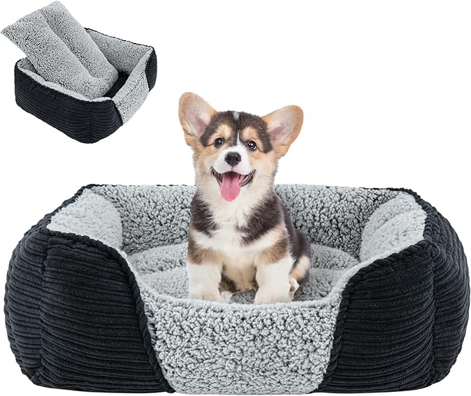 Miguel Washable Dog Bed for Small Dogs, Easy to Wash Cat Sofa Bed with High Sides, Rectangle Bolster Cat Bed Calming Cuddle Puppy Bed with Anti-Slip Bottom, Black 20 Inch
