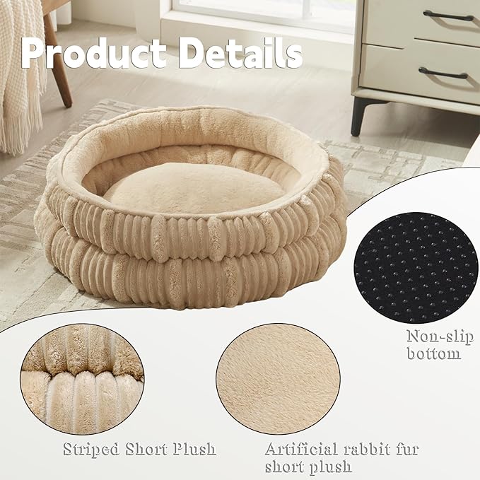Cat Beds for Indoor Cats,Kitten Bed,Dog Bed for Extra Small Dogs Breeds,Puppy Kennel Bed, Comfy Durable Pet Sleeping Bed, Washable Roun Cat Beds & Non-Slip Bottom, Beige 18" L x 18" W x 7" Th