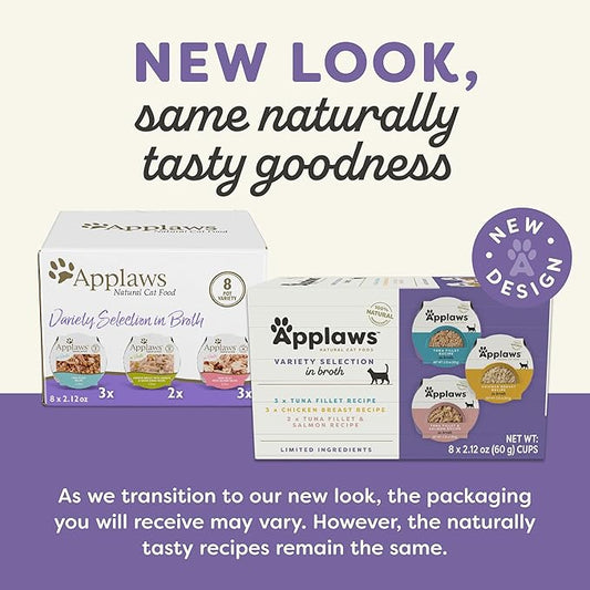 Applaws Natural Wet Cat Food, Limited Ingredient, Grain-Free, Protein with No Artificial Additives, Variety Pack in Broth (8X 2.12 oz Easy-Open Cups)