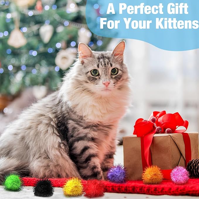 Poen 300 Pieces Cat Toy Fuzzy Balls 1.8 Inch Assorted Color Pom Pom Interactive Tinsel Balls for Indoor Cats