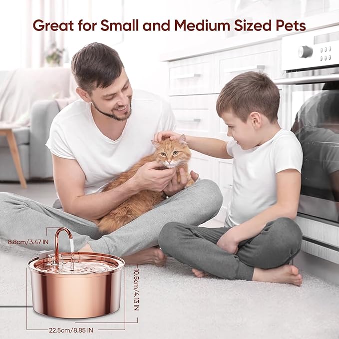 Tomxcute Cat Water Fountain Stainless Steel - 108oz/3.2L Cat Fountain for Drinking- Large Capacity Pet Water Fountain - Copper Surface