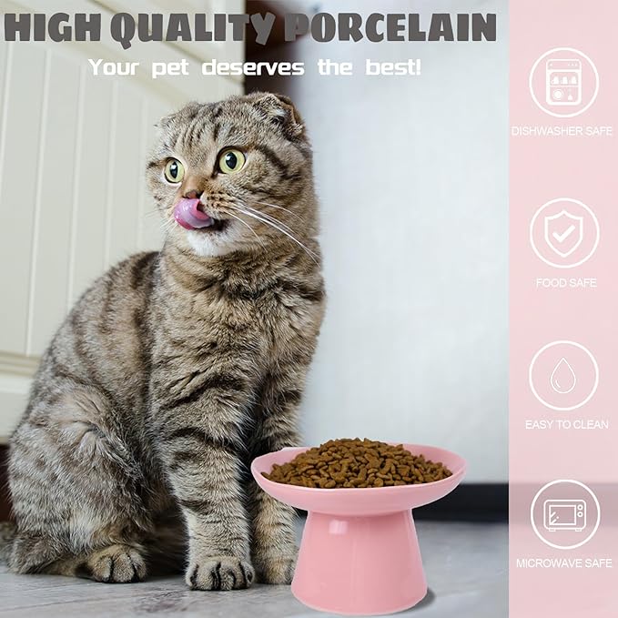 Extra Wide 6.1" Raised Cat Food Bowl, Shallow Ceramic Elevated Cat Feeder, Anti Vomiting, Stress Free, Whisker Fatigue, Pet Food or Water Bowl, Pink