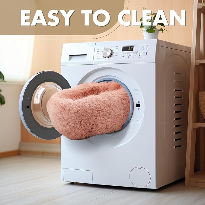 Athena Collection Washable Small Dog Bed, Cat Bed for Indoor Cats, 24 Inches Fluffy Faux Fur Round Pet Bed Calming Cozy Soft Warming Donut for Small Dog Puppy Kitten, Pink