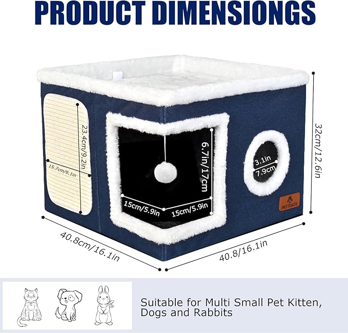 Cat Beds for Indoor Cats, Large Cat Cave Bed with Scratch Pad and Fluffy Ball, Foldable Cat Hideaway, Cat House with Reversible Cushion for Multi Small Pet Up to 30LBS, Blue