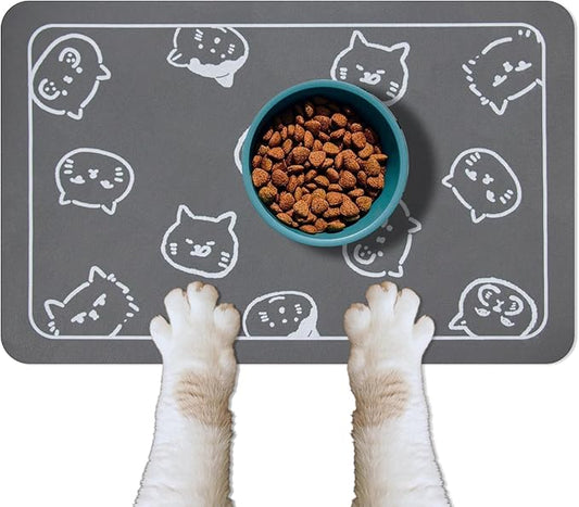 YCT Cat Food Mat for Pet Dog Food Mat, Cat Mat for Food and Water, Cat Feeding Mat Pet Dog Cat Bowl Mat, Non-Slip Super Absorbent, with Multiple cat Heads Logo,18.1 x 11.8 inches, Dark Grey