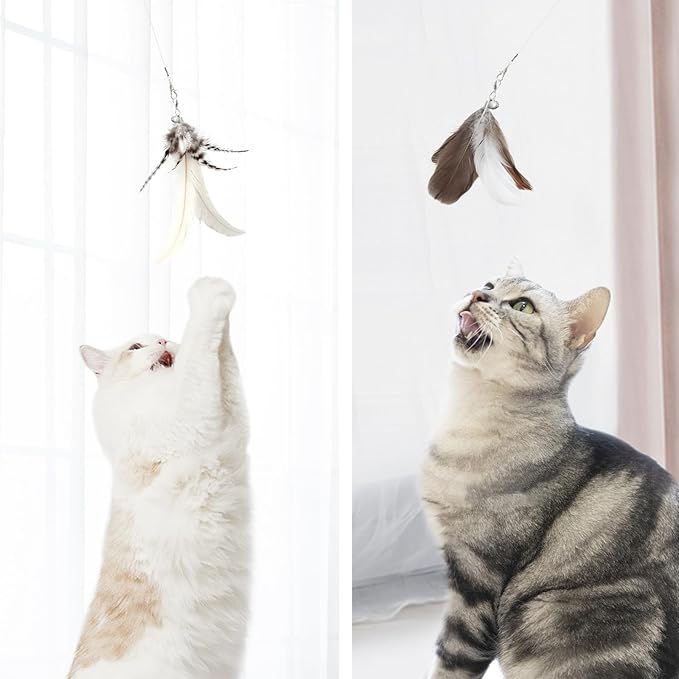 SONGWAY Cat Feather Wand - 7 Pcs Interactive Toys for Indoor Kitten, Retractable Wand With 6 Natural Feather Refills and Bell, Fishing Pole Toy