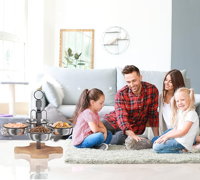 Adjustable Elevated Cat Bowls with Stand, 3 Height Raised Food & Water Bowl Set for Indoor Cats, 4 Stainless Steel Tilted Pet Dishes for Small Dogs, Non-Slip Feeding Station with Anti-Spill Design