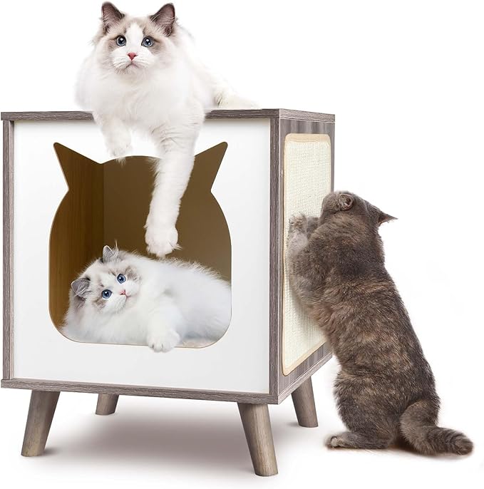 Cat House Wooden Cat Condo Cube Shaped,Modern Cat Bed Side Table & Nightstand,Cat Shelter Furniture with Cushion Cat Scratch Pad,Grey