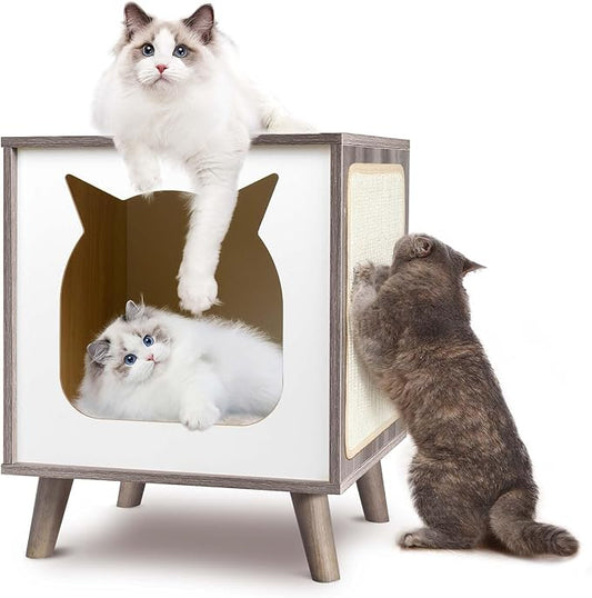 Cat House Wooden Cat Condo Cube Shaped,Modern Cat Bed Side Table & Nightstand,Cat Shelter Furniture with Cushion Cat Scratch Pad,Grey