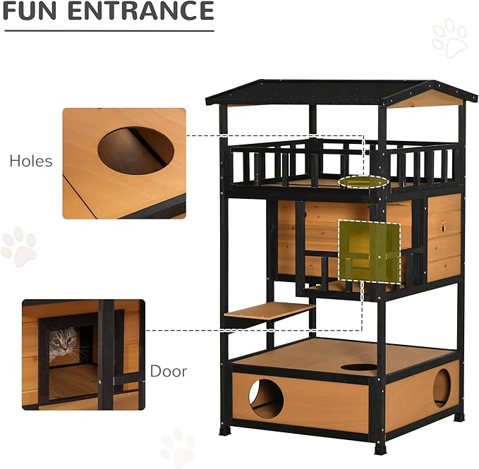 PawHut Wooden Outdoor Cat House, Feral Cat Shelter Kitten Condo with Asphalt Roof, Escape Doors, Condo, Jumping Platform, Yellow