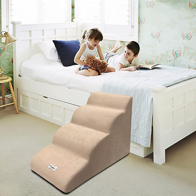 Dog Stairs, 4-Step Non-Slip Pet Ramp, High Resilience Sponge, Pink