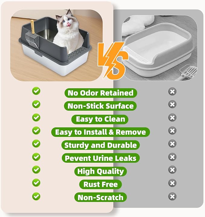 Stainless Steel Litter Box X-Large Enclosed Metal Cat Litter Box for Big Cats with Lid Litter Mat Metal Scoop Long Lasting Odor Free Easy Clean Non-Sticky High Sided Anti-Leakage Grey XL