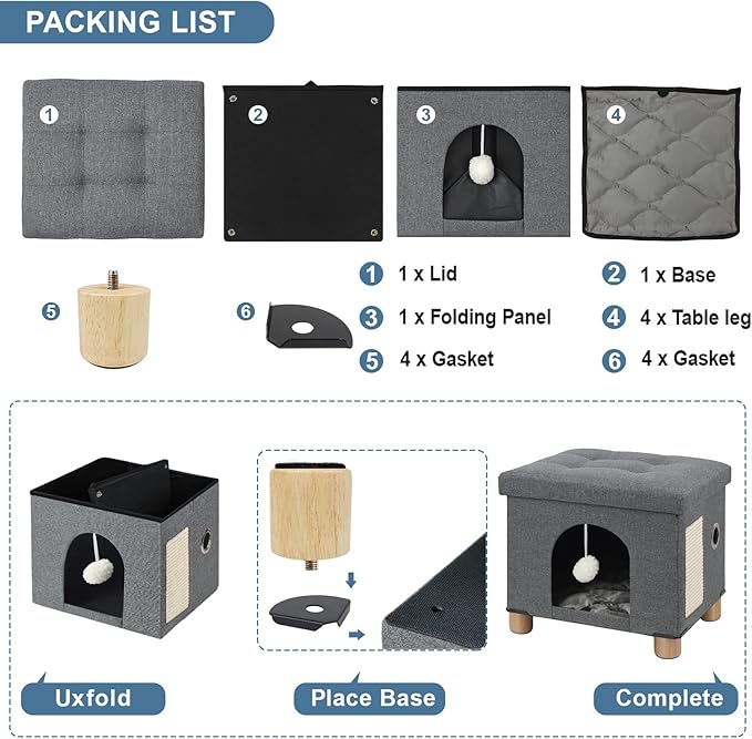 BRIAN & DANY Cat House for Indoor Cats, Cat Cave Bed for Pet, Cat Cube with Cat Scratch Board & Cat Ball,17.7 x 14.8 x 15 inches, Grey