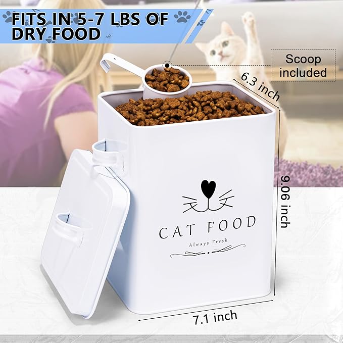 Meraki Home Farmhouse Cat Food and Treats Containers + Feed Scoop + Pet Food Bowl - Tight Lids - Large Metal Storage Bin - Great Gift for Cute Pets (Glossy White)