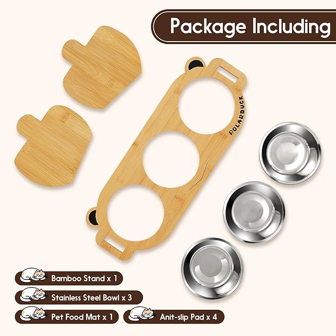 Tilted Elevated Cat Food Bowls Set: Raised Pet Dishes for Cats & Puppy with 15°Tilted Bamboo Stand, Stainless Steel Food & Water Bowl and Pet Feeding Mat | Anti Vomiting (3 Bowls | Little Monster)