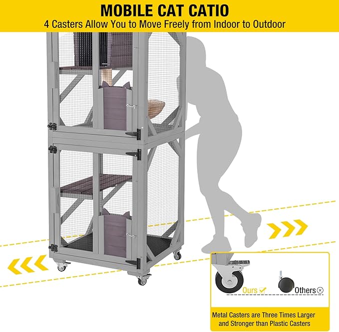 Aivituvin Cat Catio Outdoor Cat House Movable Large Enclosures on Exercise Wheels Kitty Cage with Upgraded Resting Box,Waterproof Cover
