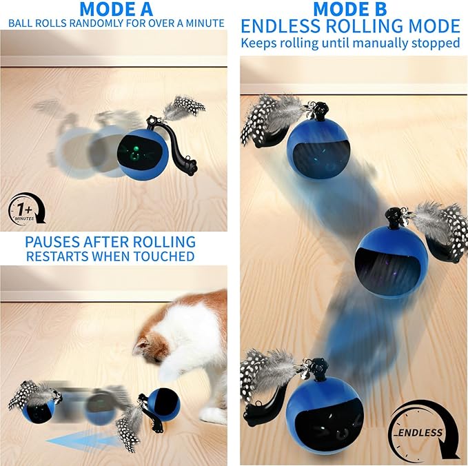 Interactive Cat Toy Ball with Remote Control, Automatic Moving & Rolling Cat Feather Toy, USB Rechargeable, Motion Activated Remote Control Cat Toy for Indoor Cats (Blue)