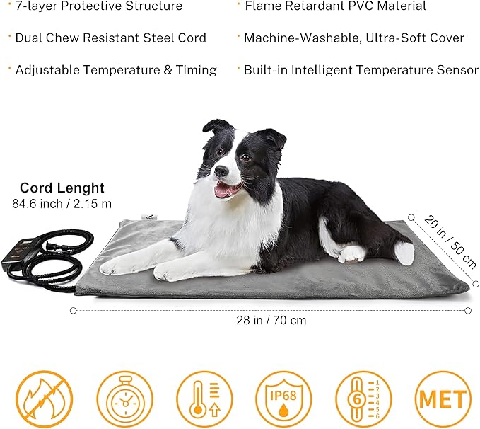 Toozey Pet Heating Pad, 6 Adjustable Temperature Dog Cat Heating Pad with Timer, Waterproof Heated Dog Bed with Chew Resistant Cord, Indoor Electric Pet Heated Mat 28x20in