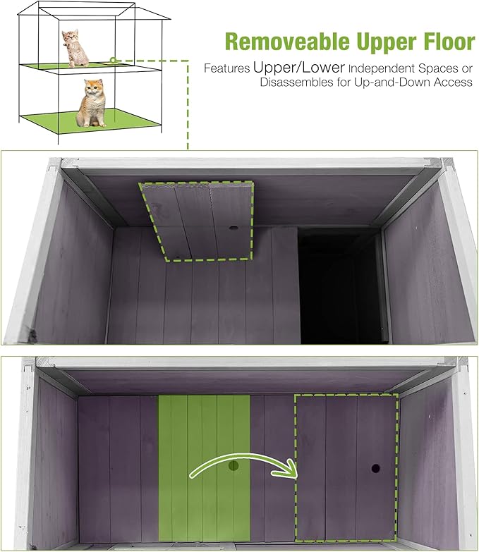 GUTINNEEN Outdoor Cat House Weatherproof, Feral Kitty House Cats Enclosure with Balcony, Wooden Kitty Shelter Waterproof