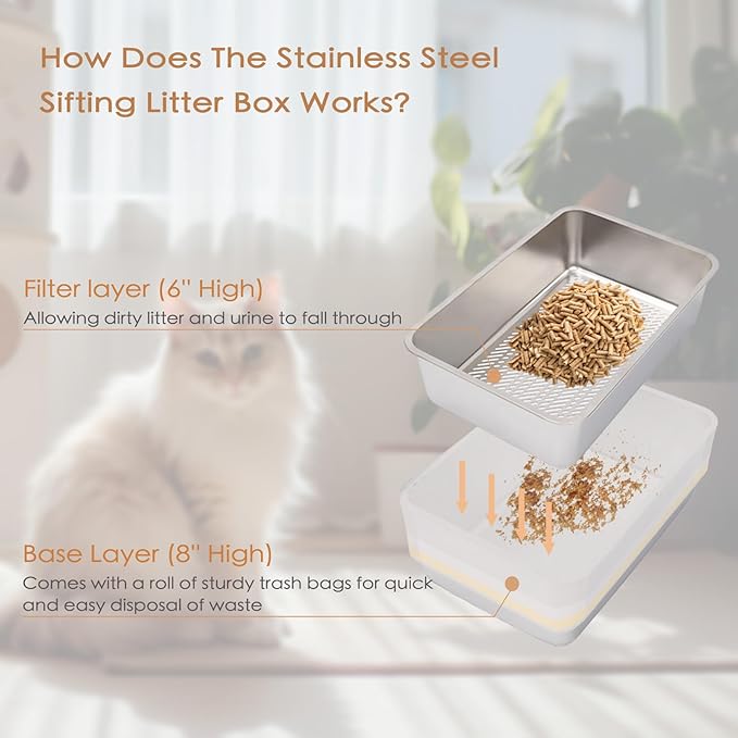 Stainless Steel Sifting Cat Litter Box, XL High-Sided, Anti-Leakage, Easy Clean, 23.6" L x 15.9" W x 8" H,Includes Scoop & Liner, Ideal for Big Cats & Pine Pellets