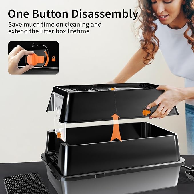 Stainless Steel Cat Litter Box with Lid, 180° Flip-Top XL Extra Large Enclosed Litter Box, Covered Metal High Sided Litter Pan with Steps & Scoop, Easy Cleaning, Odor Control,Non-Sticky-Black