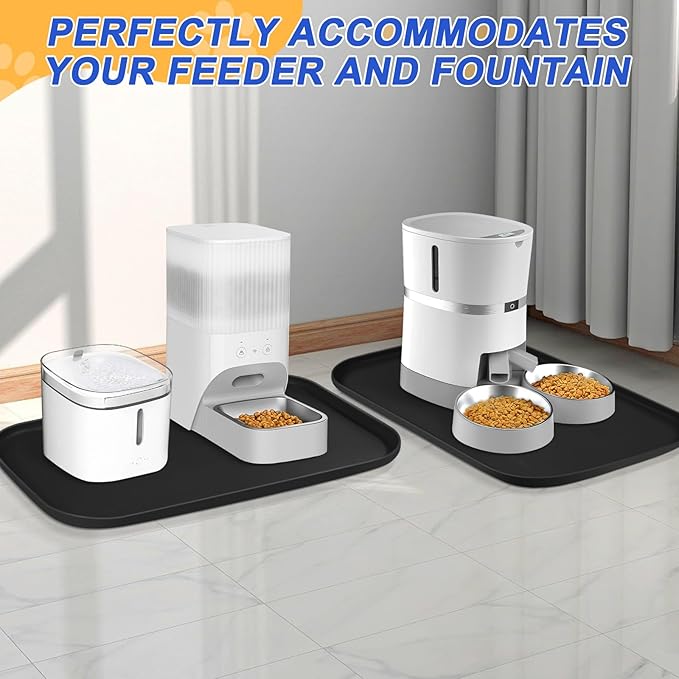 Silicone Pet Feeding Mat with Raised Edge for Food and Water, Dog Bowl Mats, Cat Bowls Placemat with High Lip for Floor Waterproof, Rubber Tray for Cats and Dogs 19 x 12 x0.7 Black