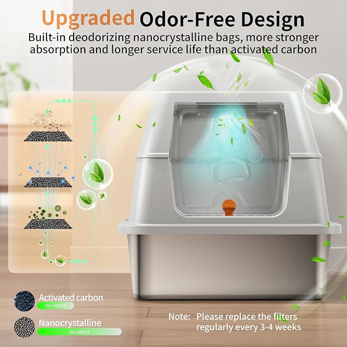 Stainless Steel Cat Litter Box with Lid, 180° Flip-Top XL Extra Large Enclosed Litter Box, Covered Metal High Sided Litter Pan with Steps & Scoop, Easy Cleaning, Odor Control, Non-Sticky-Grey