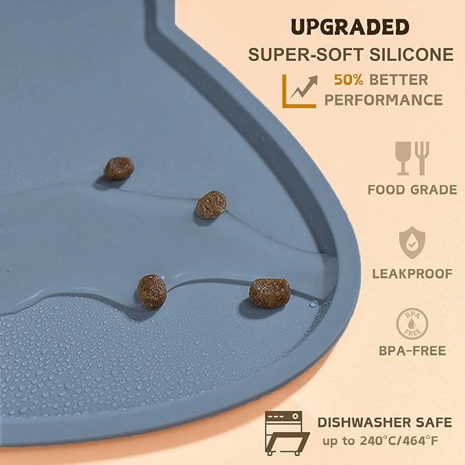 Cat Food Mat, Silicone Pet Feeding Mat for Floor Non-Slip Waterproof Dog Water Bowl Tray Cushion (17" x 10", Stone Blue)