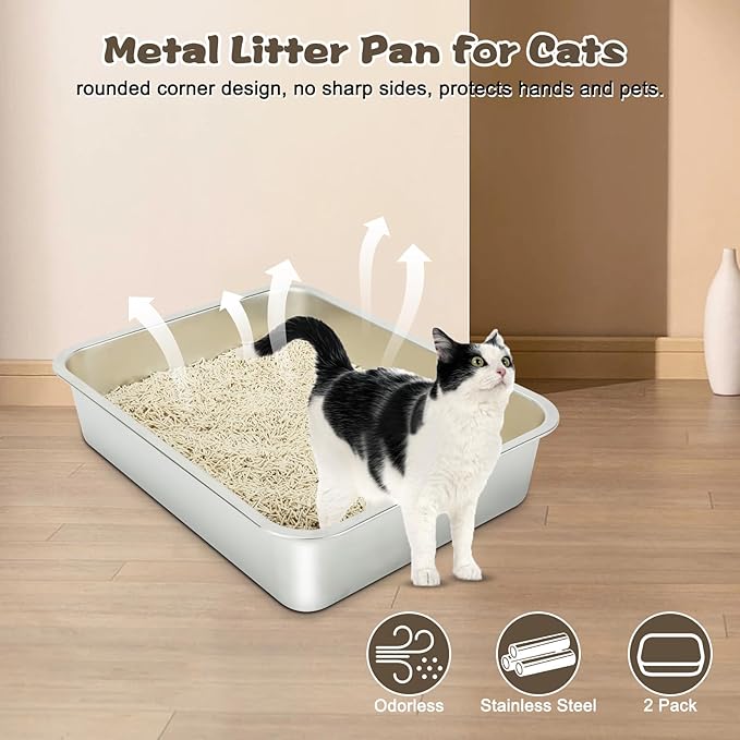 Rypet 2 Packs Stainless Steel Litter Box Metal Litter Box for Cats High Back Litter Boxes Non-Stick Cat Poop Box,Easy to Clean(17.7"*13.8"*3.9")