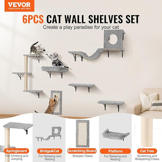 VEVOR Wall Mounted Cat Shelves, Perches with Jumping Boards, Hammock, Sofa, Cat Furniture and Shelves up to 40 lbs for Sleeping, Playing, Climbing, Set of 6